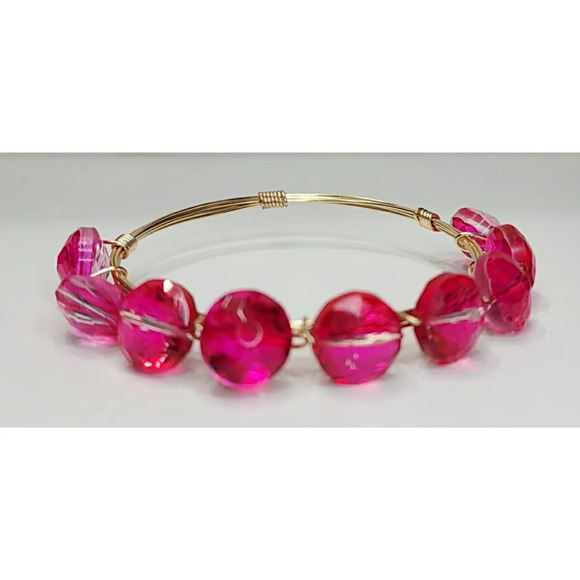 Faceted Pink Glass Wire Wrapped Bangle - Picture 1 of 7